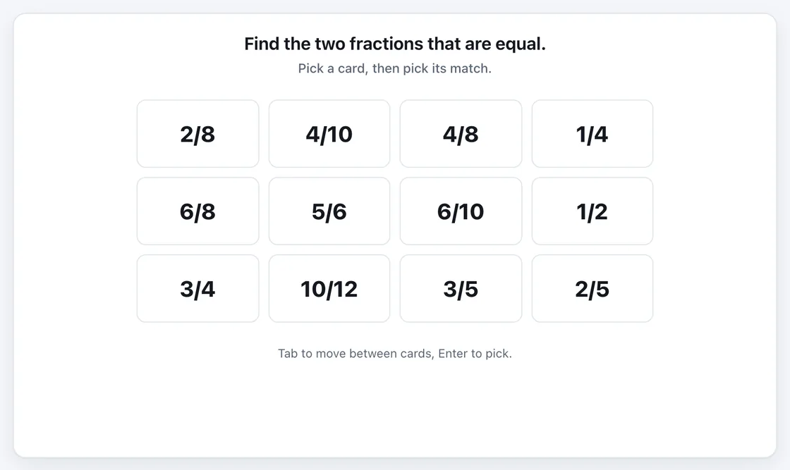Equivalent Fractions Match gameplay