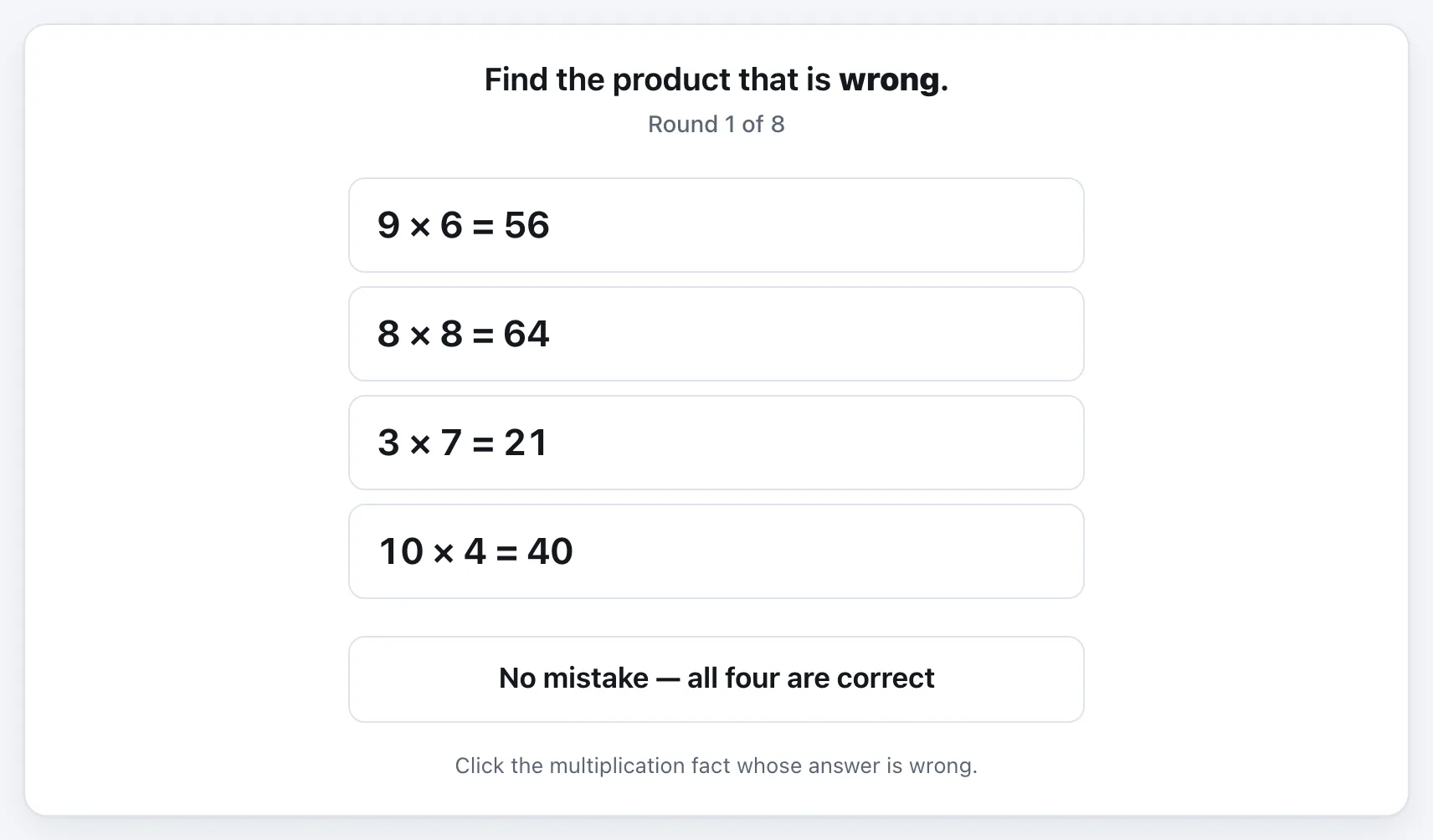 Spot the Multiplication Mistake gameplay