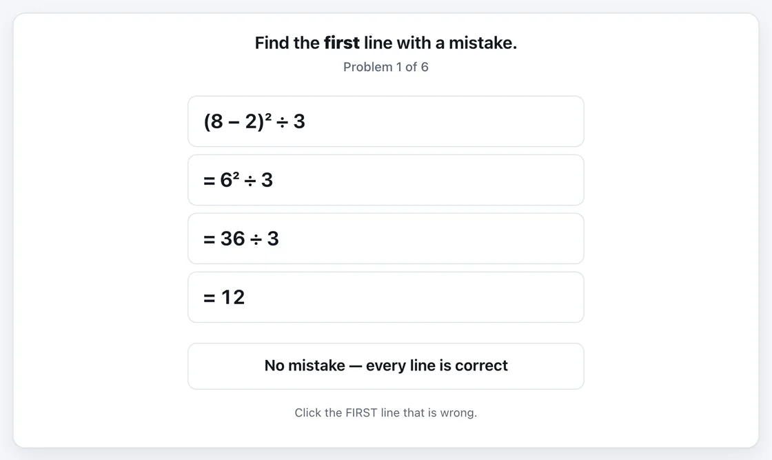 Order of Operations: Spot the Mistake gameplay