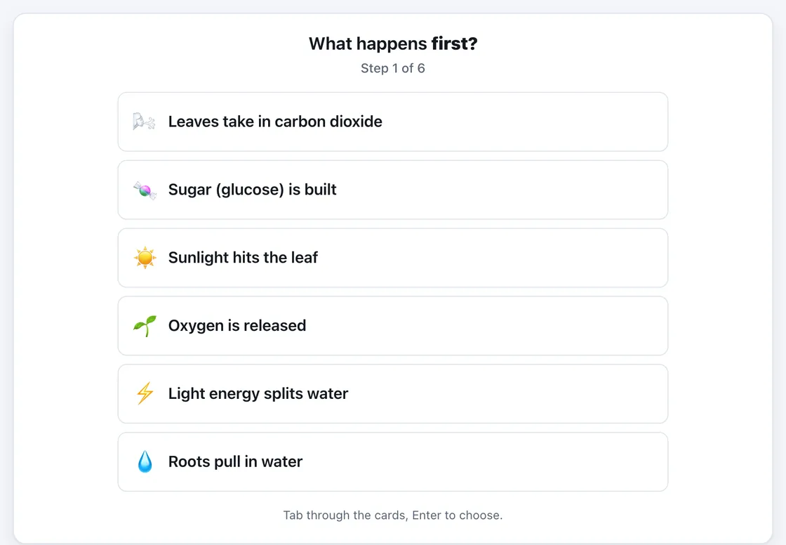 Photosynthesis sequencing gameplay