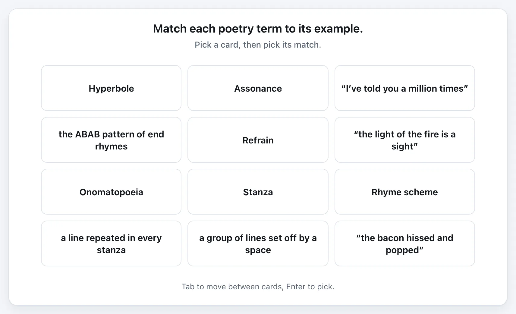 Poetry Terms Match gameplay